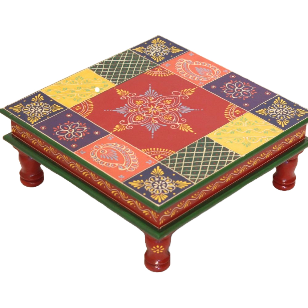 Colorful Painted Decorative Wooden Pooja Chowki Size 15X15